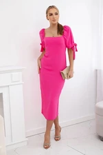 Women's dress gathered at the back with tied sleeves - fuchsia