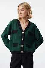 Trendyol Emerald Green Color Block V Neck Knit Cardigan