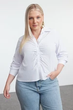 Trendyol Curve White Women's Long Sleeve Gathered Woven Plus Size Shirt