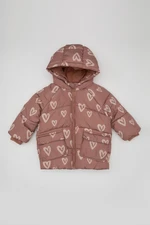 DEFACTO Baby Girl Hooded Heart Patterned Water Repellent Pocket Polar Fleece Puffer Coat