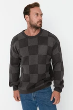 Trendyol Black Unisex Oversize Wide Pattern Crew Neck Plaid Knitwear Sweater