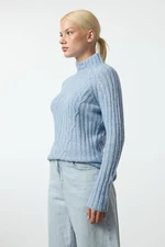 Trendyol Blue Soft Textured Knit Detailed Stand Collar Seamless Knitwear Sweater