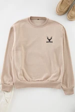 Trendyol Beige Oversize/Wide Cut Long Sleeve Animal Embroidered Sweatshirt