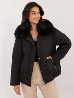 Black quilted winter jacket with fur