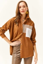 Olalook Women's Brown Pocket Detailed Oversize Woven Shirt