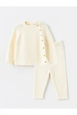 LC Waikiki LCW baby Cream Color Crew Neck Long Sleeve Baby Girl Cardigan and Pants 2-Piece Set