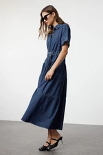 Trendyol Blue Belted Stitch Detailed Maxi Denim Dress