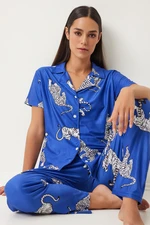 Happiness İstanbul Women's Dark Blue Patterned Shirt and Pants Knitted Pajama Set