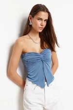 Trendyol Indigo Premium Buzzy Sweetheart Neckline Gathered Crop Knitted Blouse