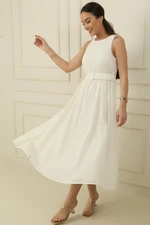 By Saygı Gathered Embroidered Lined Scallop Long Dress with Belt and Waistband