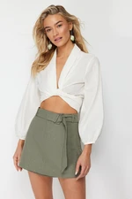 Trendyol Khaki Belted Mini Woven Linen Blend Short Skirt