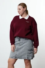 Trendyol Curve Claret Red Embroidered Wide Pattern Plus Size Knitted Sweatshirt with Inside Collar