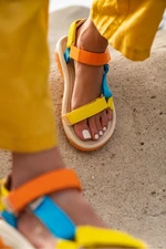 NİŞANTAŞI SHOES Step Yellow Orange Blue Velcro Flat Sole Women's Sandals