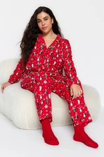 Trendyol Curve Red Shirt Collar New Year Themed Knitted Pajama Set