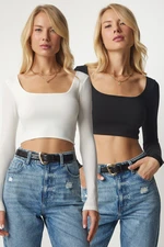 Happiness İstanbul Women's Black and White Boat Neck 2-Pack Crop Blouse