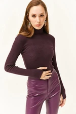 Olalook Women's Plum Turtleneck Finger Detailed Lycra Blouse