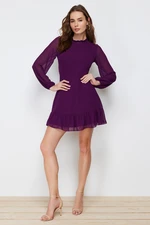 Trendyol Plum A-Line Ruffle Detailed Stand Collar Mini Lined Chiffon Woven Winter Dress