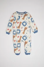 DEFACTO Baby Boy Newborn Ecru Buttoned Snap Safari Patterned Long Sleeve Jumpsuit