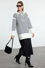 Trendyol Navy Blue Striped Sailor Collar Soft Textured Knitwear Sweater