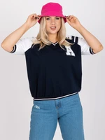 White and navy blue blouse plus size with short sleeves