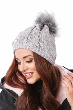 Winter hat with pompom, light gray with rose