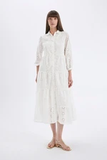 DEFACTO Shirt Collar Voile Embroidery Half Sleeve Maxi White Dress