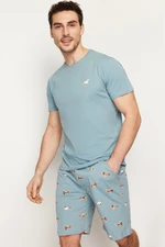 Trendyol Blue Regular Fit Printed Knitted Shorts Summer Pajamas Set