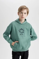 DEFACTO Boy Green Oversize Fit Wide Mold Hooded Pocket Thick Sweatshirt