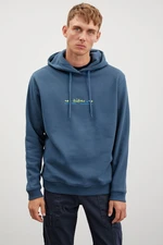 GRIMELANGE Jayan Men's Hooded Fleece Printed Petrol Green Sweatshirt