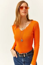 Olalook Women's Orange Collar Lace V-Neck Camisole Knitted Blouse