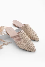 Marjin Women's Stone Straw Detail Daily Slippers Velon Beige