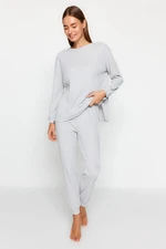 Trendyol Gray Cotton Ribbed Wide Pattern Knitted Pajama Set