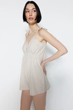 Trendyol Viscose Woven Jumpsuit with Beige V Neck Chest Rubber Detailed Rope Strap