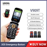 UNIWA V909T 4G Flip Phone 2.8 Inch Double Screen Feature Phone Russian Keyboard Clamshell Cellphone Big Push-Button 2250mAh