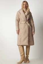 Happiness İstanbul Women's Cream Belted Shawl Collar Quilted Coat