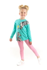 Denokids Floral Zebra Girl's Turquoise T-shirt with Pink Leggings Set.