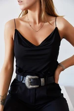 XHAN Plunging Collar Strapped Blouse