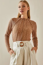 XHAN Tan Stitching Detail Half Turtleneck Blouse