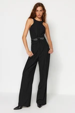 Trendyol X Sagaza Studio Black Striped Polyviscon Trousers With Elastic Detail