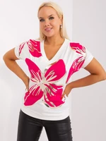 Blouse with ecru-fuchsia print plus sizes