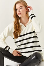 armonika Women's Ecru V-Neck Striped Sweater Short in the Front and Long in the Back