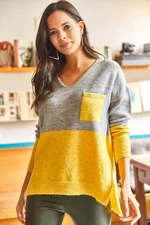 Olalook Women's Yellow Gray V-Neck Color Block Soft Textured Knitwear Sweater with Pocket