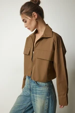 Happiness İstanbul Women's Light Brown Zippered Gabardine Crop Jacket