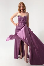 Lafaba Women's Lavender Long Evening Dress with Breast Stones