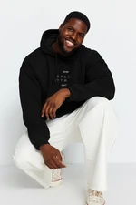 Trendyol Black Men's Plus Size Oversized Comfortable Hoodie. Reflective Printed Fleece Inner Sweatshirt.