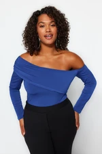 Trendyol Curve Blue Asymmetric Collar Knitted Plus Size Blouse