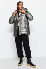 Trendyol Silver Oversized Shiny Water Repellent Inflatable Coat with a Hood