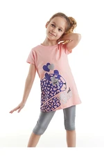 Mushi Leopard Girl Pink T-shirt, Gray Disco Shiny Leggings Set.