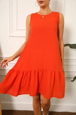 armonika Women's Orange Linen Look Textured Sleeveless Dress with Frill Skirt