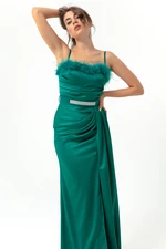 Lafaba Women's Emerald Green Long Satin Evening Dress with Rope Straps and Gemstones Belt.